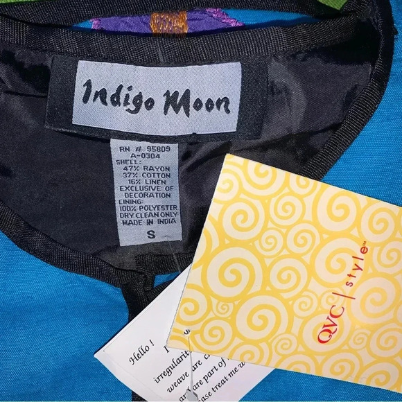 NEW Indigo Moon Linen Blend Blazer Jacket  Embroidered S Blue Flower Artsy - Picture 7 of 7